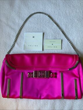 Celine Corset Gemmium Pink Satin Clutch Shoulder Bag Silver Hardware
